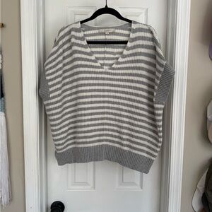 LOFT Gray and White Striped V-Neck Pullover Sweater